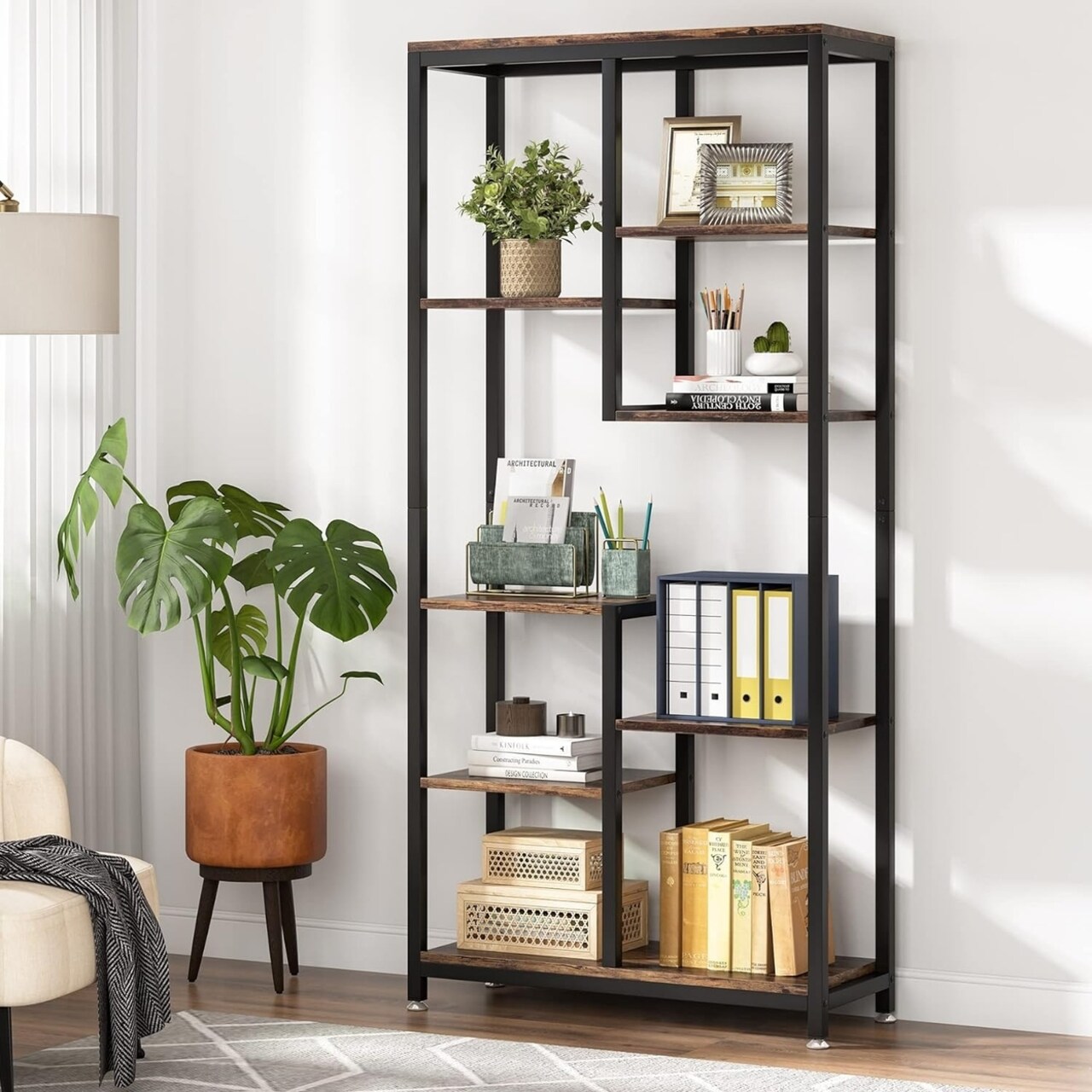 Tribesigns 6-Tier Industrial Bookshelf Open Bookcase Storage Display Shelf Black